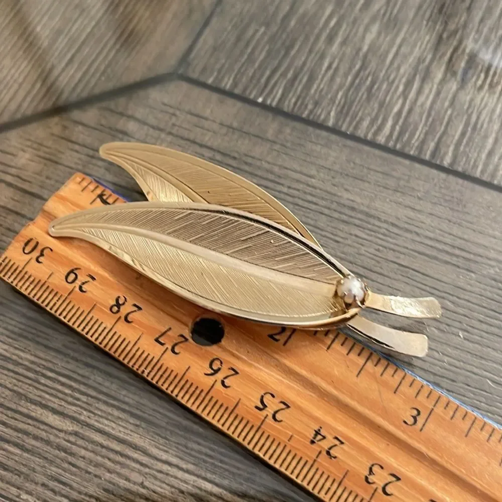 Vintage Double Leaf Gold-tone Pin with Faux Pearl Accent